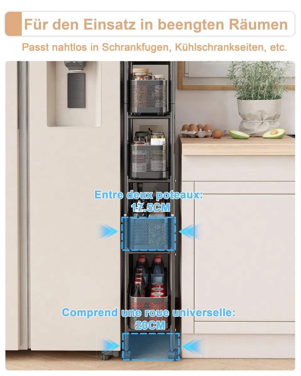 UMDONX Chariots de Rangement pour Cuisine Chariot à roulettes étroit en métal à 5 Niveaux desserte à roulettes sur roulettes avec tiroirs coulissants étagère de Niche(Noir)