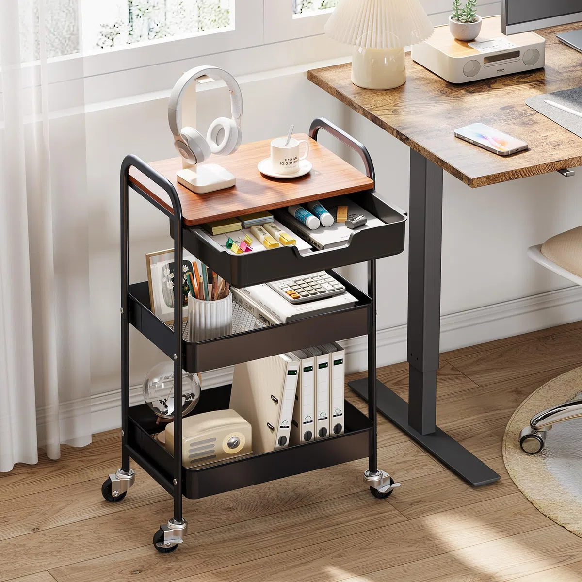 kingrack Chariot de Rangement à 3 Niveaux avec Plateau, Chariot Multifonction en métal pour Cuisine, Maison, Bureau, Salle de Bain, Noir