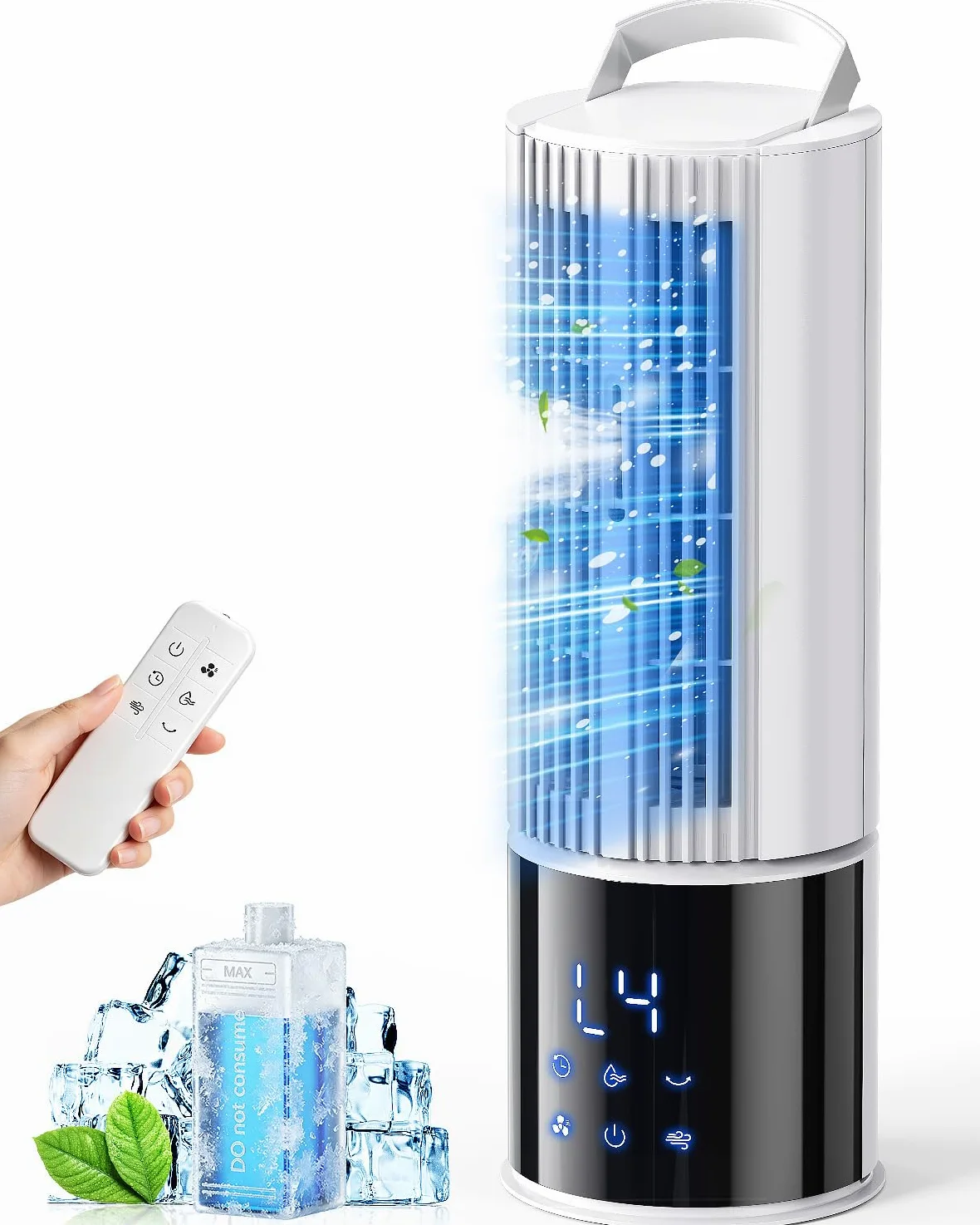 Climatiseur mobile 6en1, refroidisseur d'air avec 3 vitesses, mode turbo, soufflerie douce, fonction brume et minuterie (1-8 h), oscillation 45°/90°, parfait pour la maison et le bureau (Blanc clair)