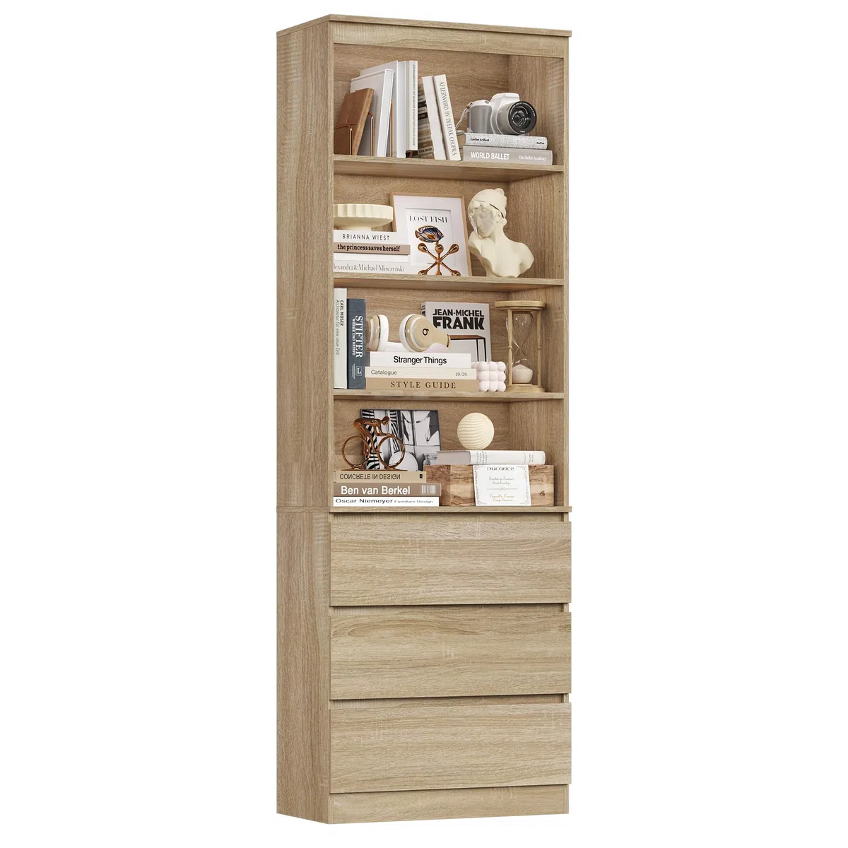 FirFurd Bibliothèque Meuble de Rangement 202cm avec Tiroirs Étagères Chêne | 202x60x35cm, 3 tiroirs fermé, Étagères réglables, Bibliotheques étagere rangement pour salon bureau, Gain de place, Moderne