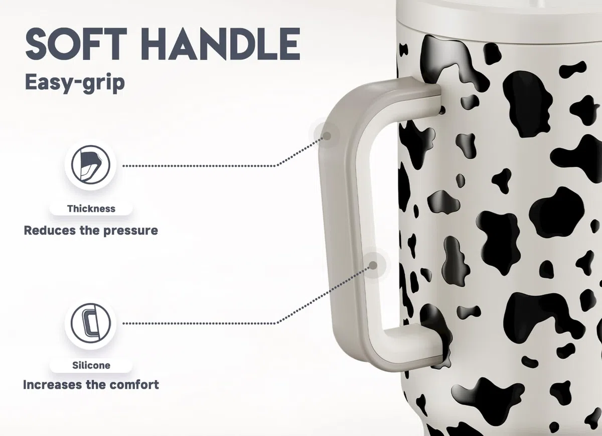 Meoky Gobelet de 1200 ml avec paille et couvercle, gobelet isotherme avec poignée, tasse de voyage en acier inoxydable pour femme, 100 % étanche, garde au froid pendant 34 heures ou au chaud pendant
