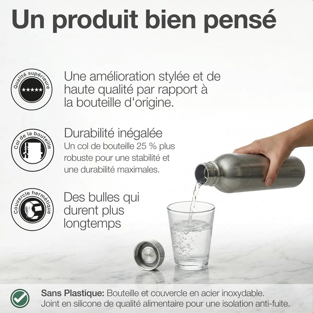 Bouteille Inox 1L | Compatible avec Aarke Carbonator 3, SodaStream Duo & Bouteilles Plastique | Pas pour Crystal & Jet | Sans date d'expiration | Sans plastique | 2x Inox