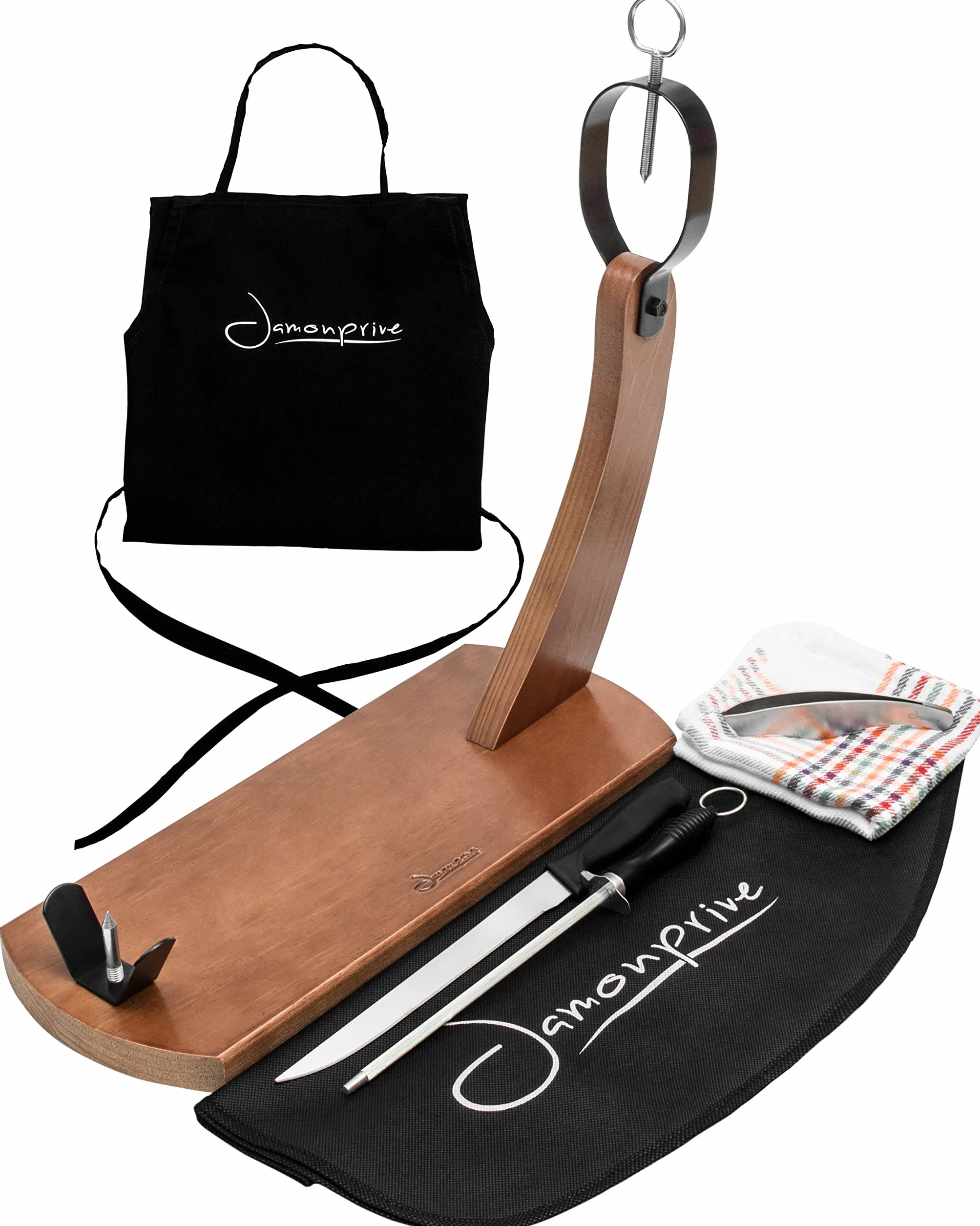 Jamonprive Support à Jambon Professionnel Laqué avec Couteau + Fusil à Aiguiser + Couvre Jambon + Torchon + Tablier + Pinces - Porte-Jambon Idéal pour le Jambon Serrano, Ibérique et le Prosciutto