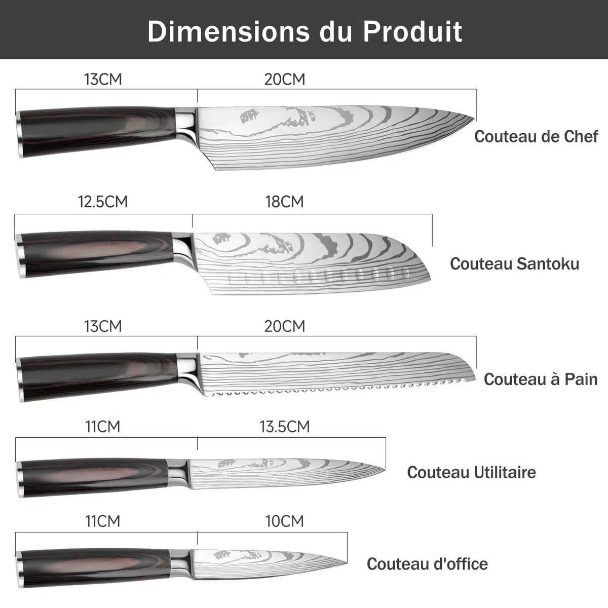 Couteau Cuisine Couteau Japonais Acier Inoxydable à haute teneur en carbone avec Poignée Ergonomique, Couteaux de Cuisine Professionnel (5PCS)