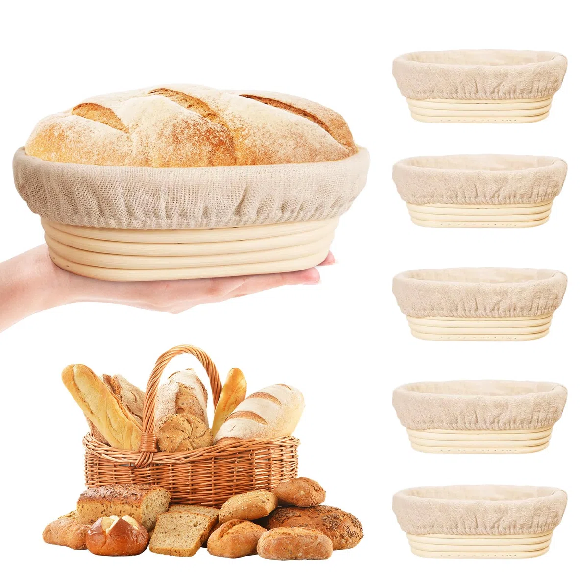 Lot de 6 Banneton pour Pain Ovale avec Doublure de Tissu, Petits paniers banneton de 15,2 cm, Accessoires pour la Cuisson du Pain, paniers de Fermentation en rotin pour la préparation de la