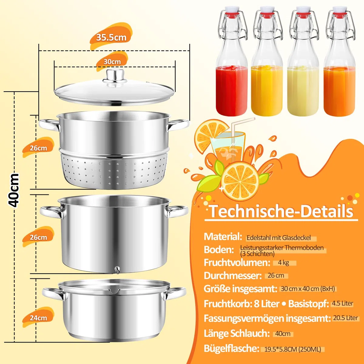 Ikodm Extracteur de Jus à Vapeur, 8L INOX Ø 26cm Extracteur de jus pour Fruits et légumes, convient à tous les types de cuisinières, y compris l'induction