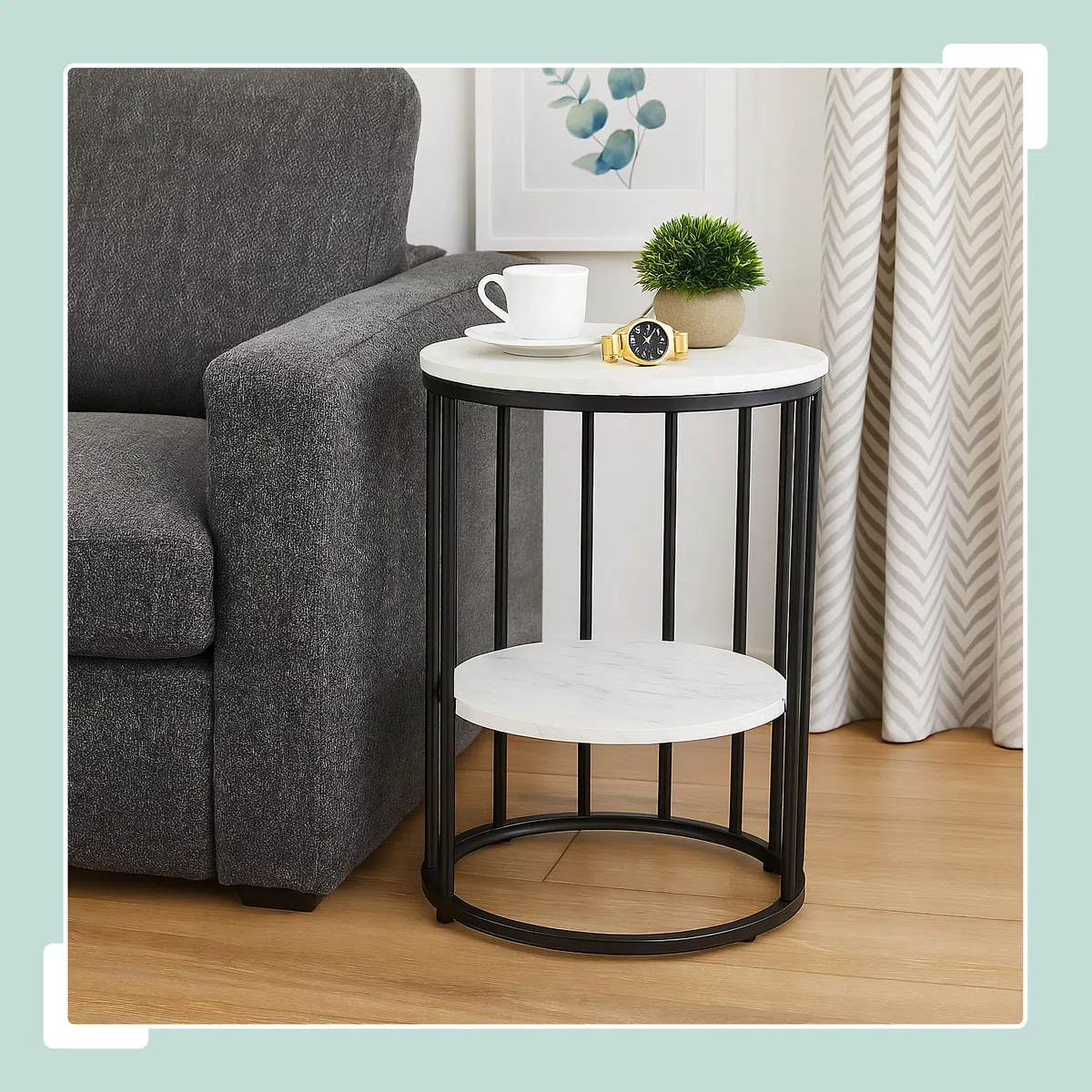 Relaxdays Table d'appoint, 2 Plateaux Aspect marbre, métal et MDF, H x D : 57 x 40 cm, pour Le Salon, Blanc et Noir