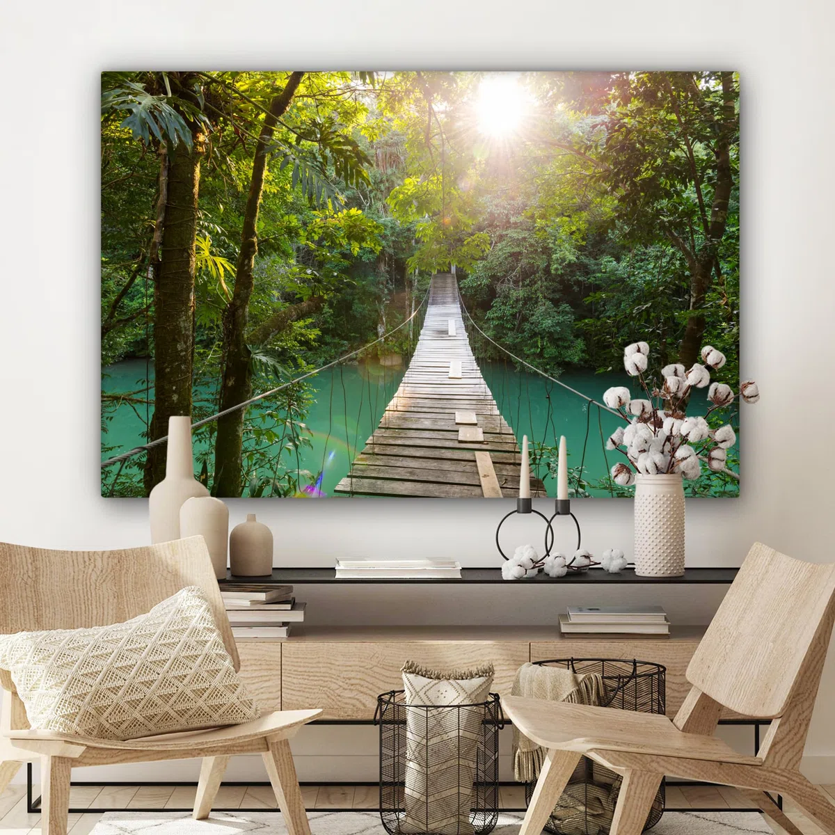 MuchoWow© Impression sur Toile Peinture 120x80 cm Tableau Mural Decoration Salon Reproductions de Tableaux Murale Moderne Jungle - Eau - Pont - Nature - Plantes