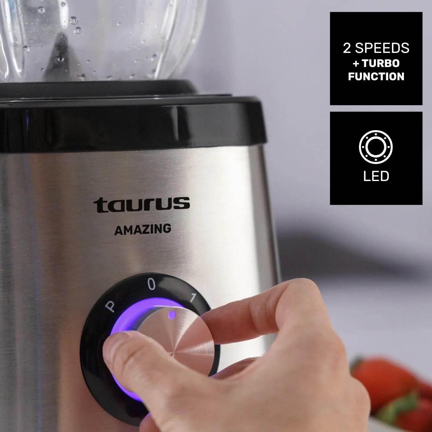 Taurus - Blender de table 1500 W | Bol en verre 1,5 L | 4 lames inox amovibles | Fonction glace pilée | Sans BPA | Compatible lave-vaisselle | 2 vitesses + Turbo | Gris
