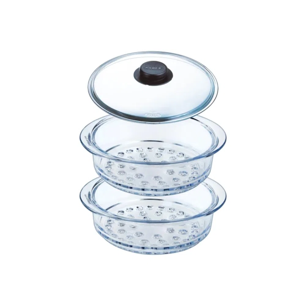 Pyrex - Paniers vapeur 20cm et son Couvercle avec bouton - Lot ou unité - Verre Borosilicate - Made in France (Double - 20 cm)