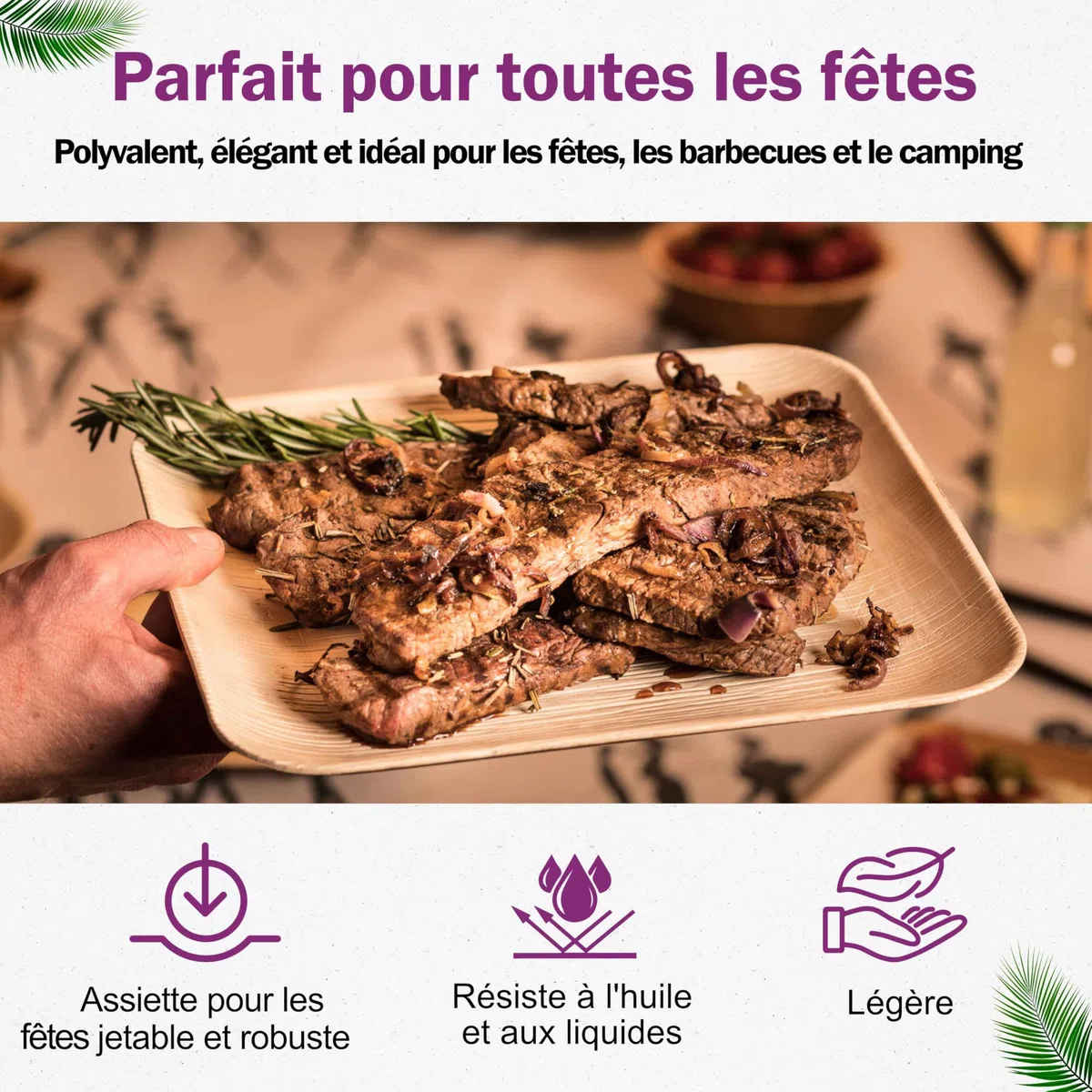 Assiette Jetable en Feuille de Palmier - 50 pcs. Carrées 25x25 cm - Vaisselle Naturelle et Élégante - Chic, Résistante et au Design Unique - semblable au Bambou et au Bois