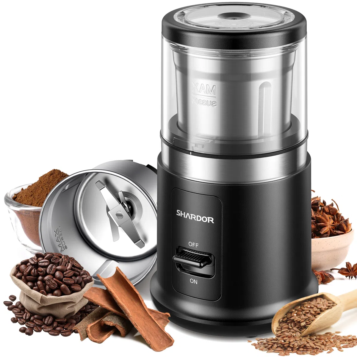 SHARDOR - Moulin à café électrique One Touch avec épices, herbes pour grains de café, épices et graines avec 1 bol amovible en acier inoxydable, broyeur sec, noir