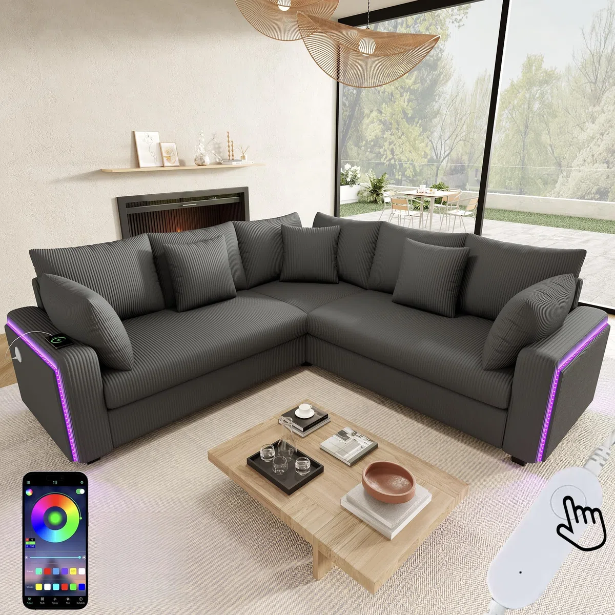 Sapgaks Canapé Convertible en L avec LED et USB C, Canapé d'angle Convertible en Velours Côtelé avec Coussins et Accoudoirs, Canapé Modulable Multifonctionnel au Salon Appt, Gris