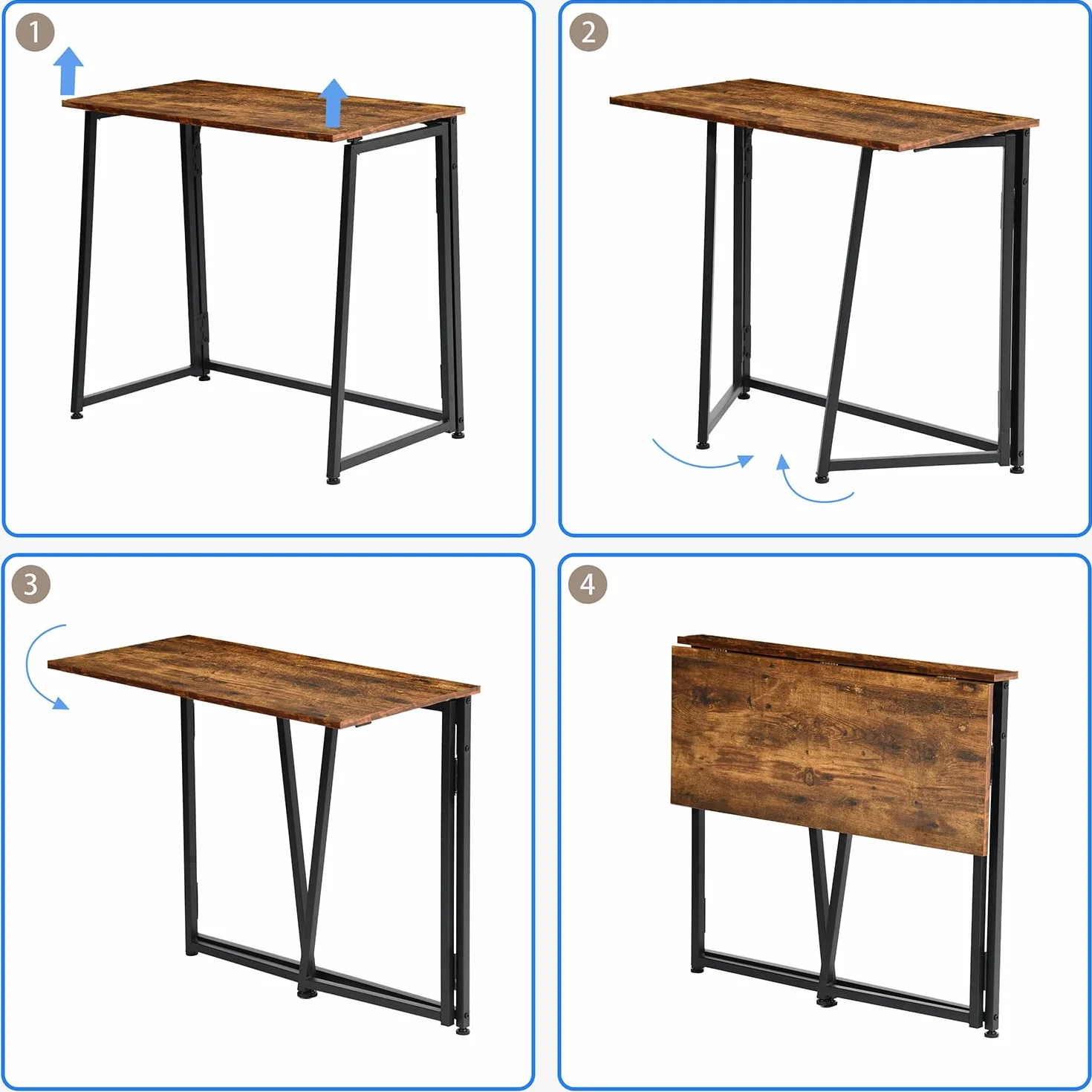 Meuble Cosy Bureau Pliant avec 4 roulettes pour Petits Espaces Table d'Ordinateur Pliante pour Domicile Poste de Travail Chambre Salon, Style Industriel, Cadre en Métal, Marron