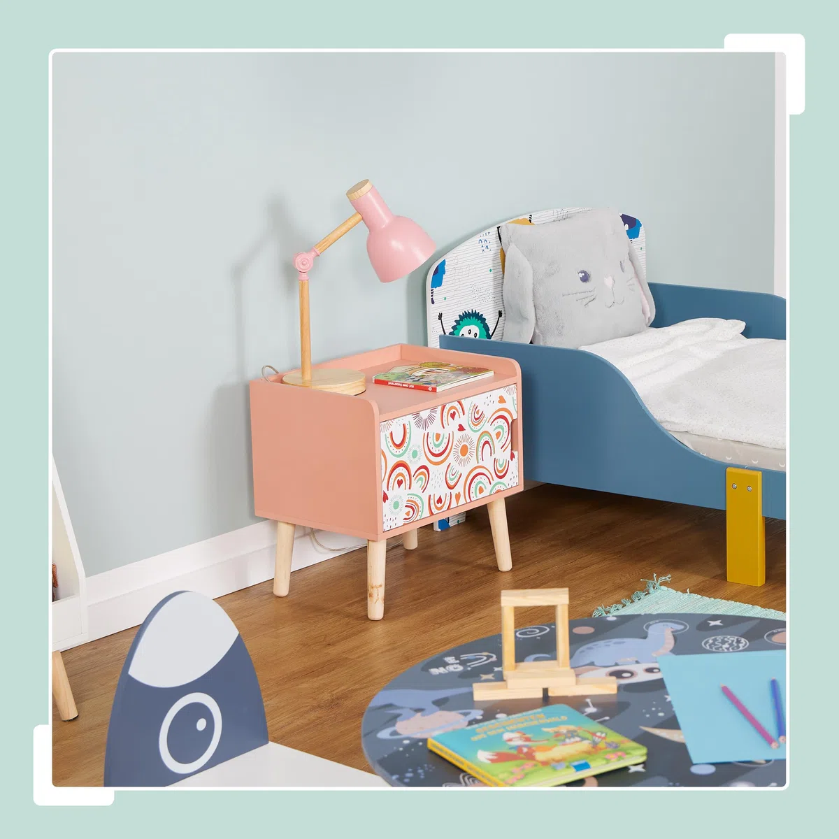 Relaxdays Table de Chevet, pour l'enfant, Case, Design météorologique, Bois de pin et MDF, HLP 41x40x30 cm, Multicolore
