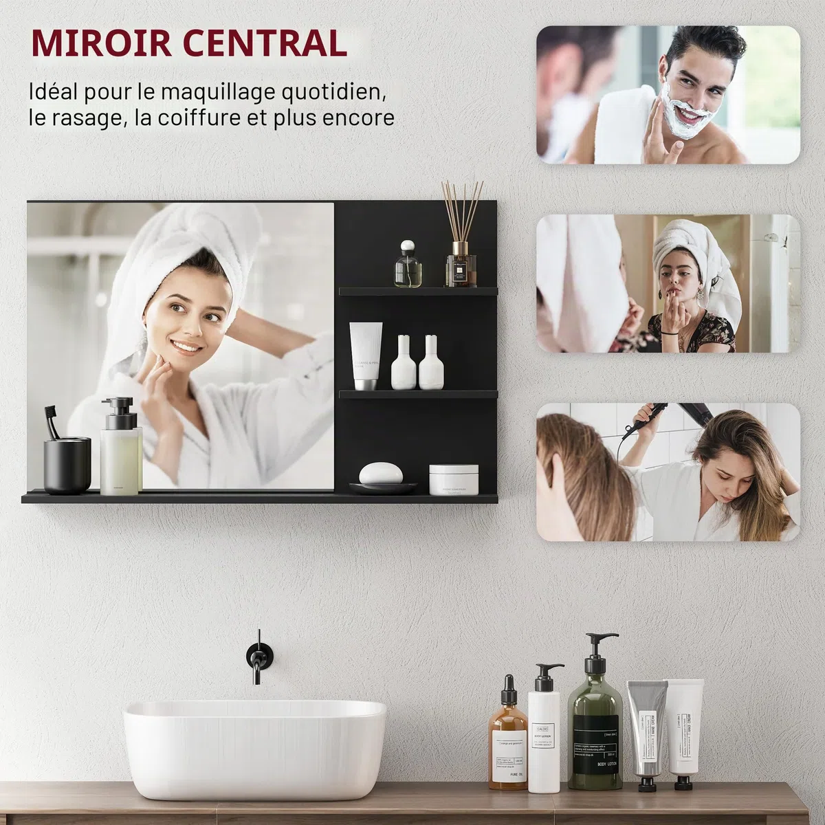 kleankin Miroir de Salle de Bain Moderne avec 2 étagères latérales et Une étagère inférieure, Miroir Mural en MDF et Verre, 75x10x48 cm, Noir