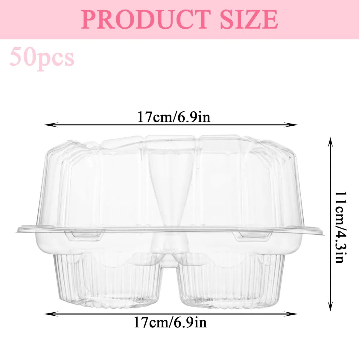 Lot de 50 boîtes à cupcakes empilables en plastique transparent à 4 compartiments, 17 x 17 x 12 cm de profondeur
