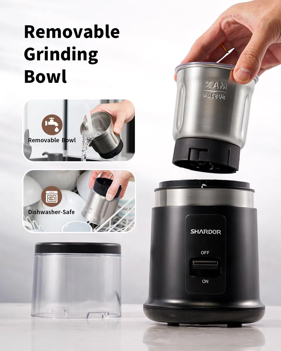 SHARDOR - Moulin à café électrique One Touch avec épices, herbes pour grains de café, épices et graines avec 1 bol amovible en acier inoxydable, broyeur sec, noir