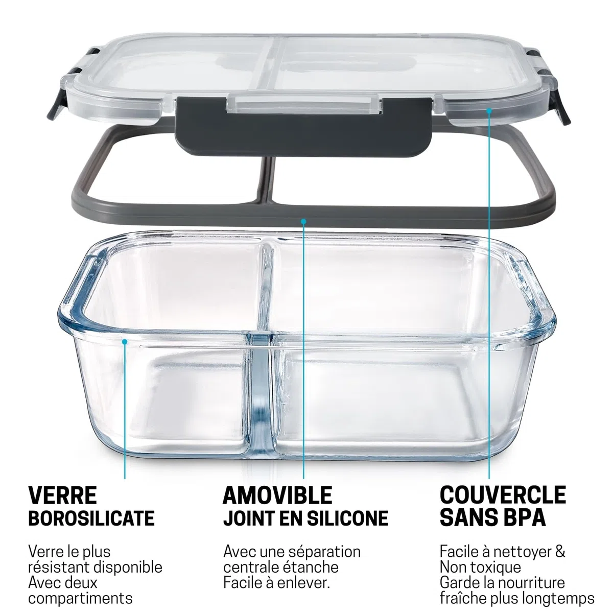 Igluu Meal Prep Boîtes Repas en Verre à 2 compartiments (Lot de 3) – Couvercle hermétique et sans BPA – Compatibles micro-ondes, four, congélateur et lave-vaisselle – 980 ml – Verre Borosilicate