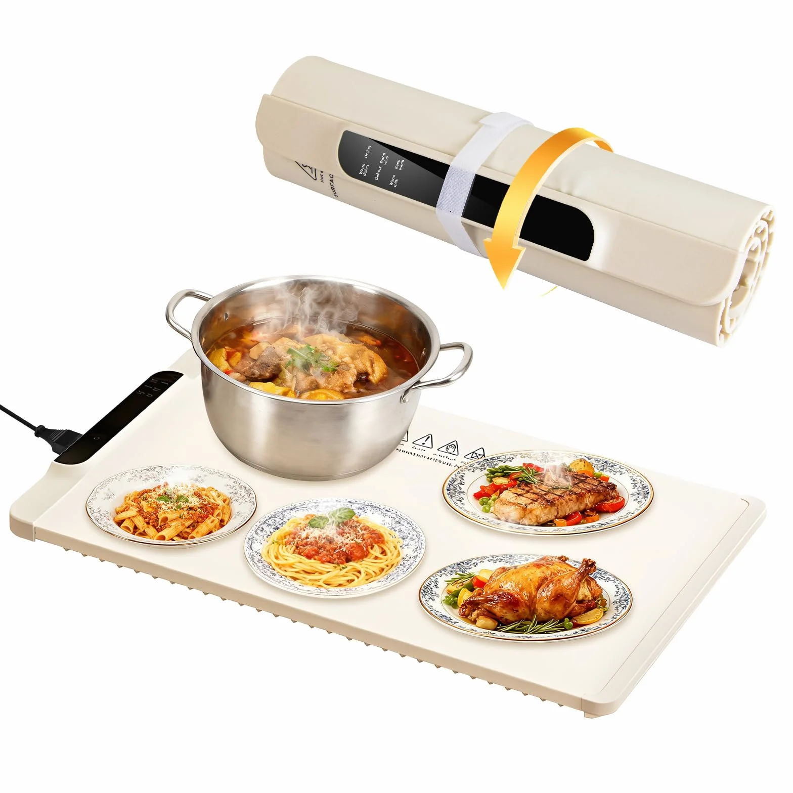 Plateau de Maintien au Chaud Électrique, Pliable et Sécurisé - Garde-manger Chauffant en Silicone Alimentaire 65x38cm Pour Familles & Buffets - Blanc Cassé