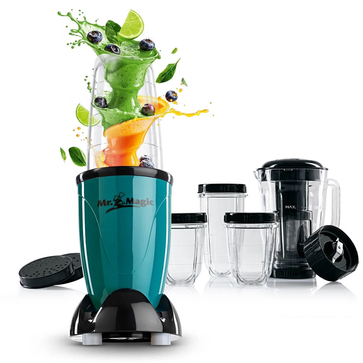 GOURMETmaxx Mr. Magic Mixer | Smoothie Maker avec paquet d'accessoires XXL | 18 pièces | Blender avec couvercles anti-fuite pour conserver la fraîcheur | Pour shakes, smoothies etc.