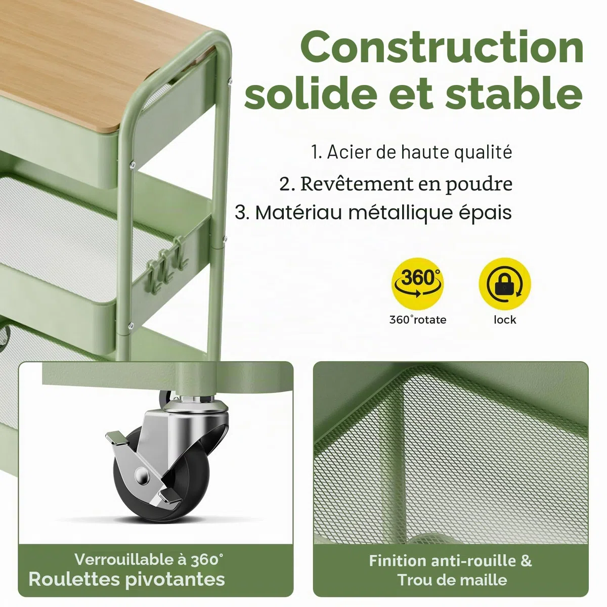 Chariot à 3 Niveaux avec Plateau de Table, Service Polyvalent en Métal, Étagère sur Roues, Organiseur de Cuisine Stable (Vert)