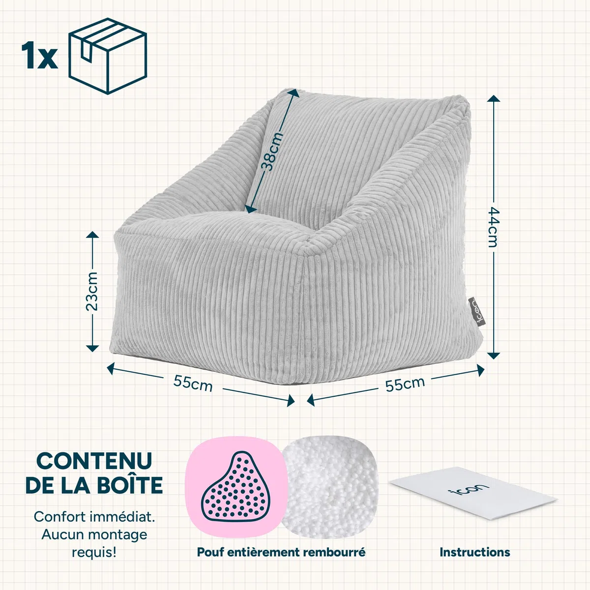 Icon Natalia Pouf Enfant, Velours Côtelé, pour Poire avec Remplissage, Chaise Enfant, Fauteuil Chambre, Meuble Chambre, Meuble Salon, Vert Sauge