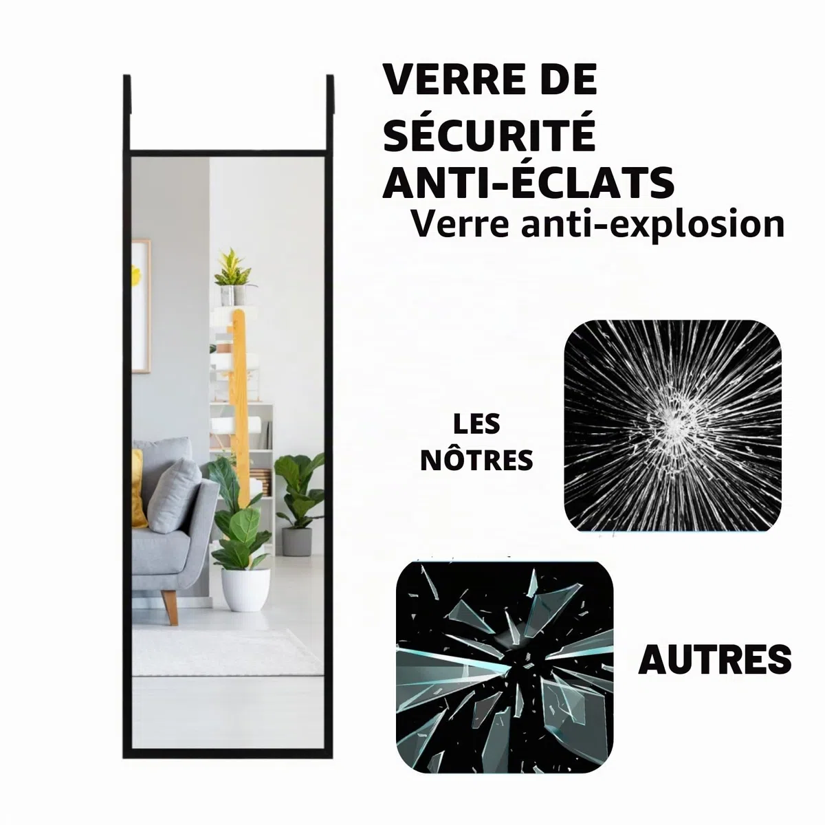 LIFEZEAL Miroir Mural Long, Miroir Suspendu Porte avec Crochet Réglable en Hauteur, Miroir Rectangulaire, 107,4 x 36,5 cm, pour Salon,Chambre à Coucher, Salle de Bain, Moderne (Noir)