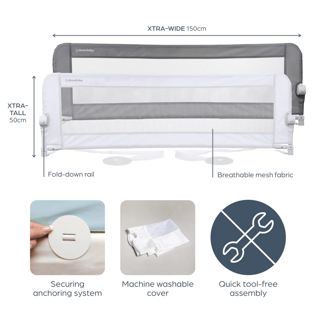Dreambaby Nicole Barrière de lit pour Tout-Petits – Extra Large 150 cm et 50 cm de Haut – Assemblage Facile, Housse Lavable, Transition sûre du Berceau au lit – Convient aux Lits King Size – Blanc