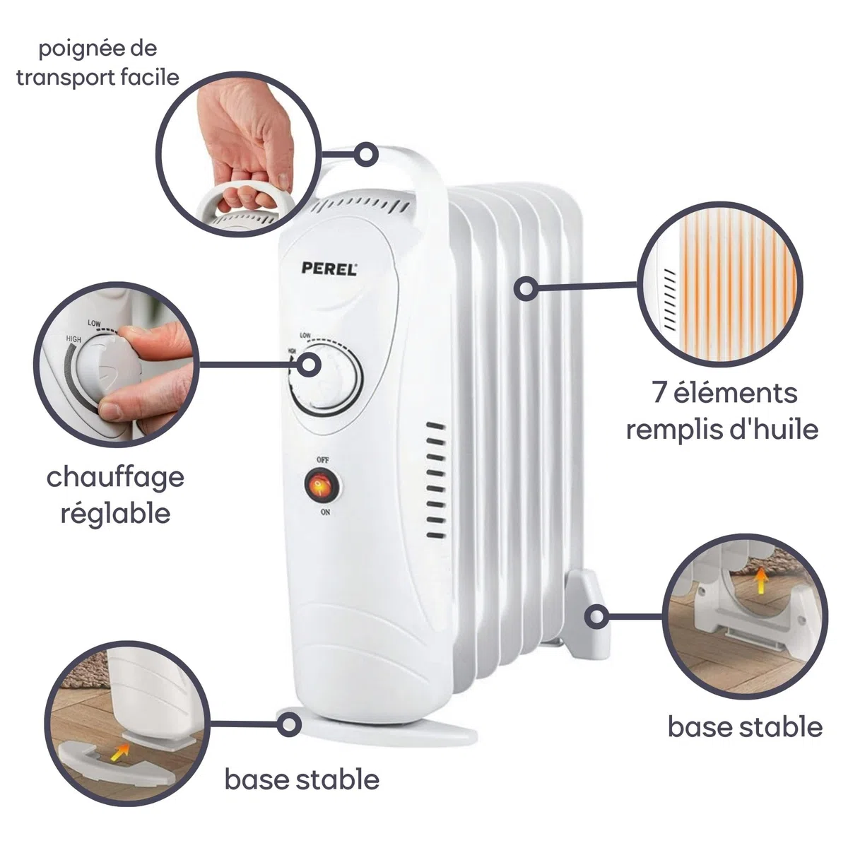 Perel Radiateur à bain d’huile 700 W, 7 éléments, chauffage bain d’huile, chauffage d’appoint, radiateur électrique, thermostat, poignée, roulettes, max.15 m², blanc