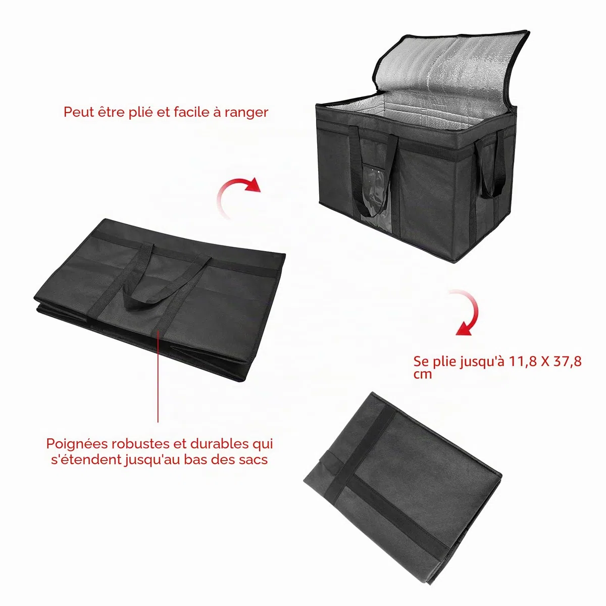 XXXL avec fermeture éclair, sacs de courses réutilisables, pour garder les aliments chauds ou froids, idéal pour la restauration, les restaurants, les épiceries, couleur noire, 58,1 x 38,1 x 35,6 cm