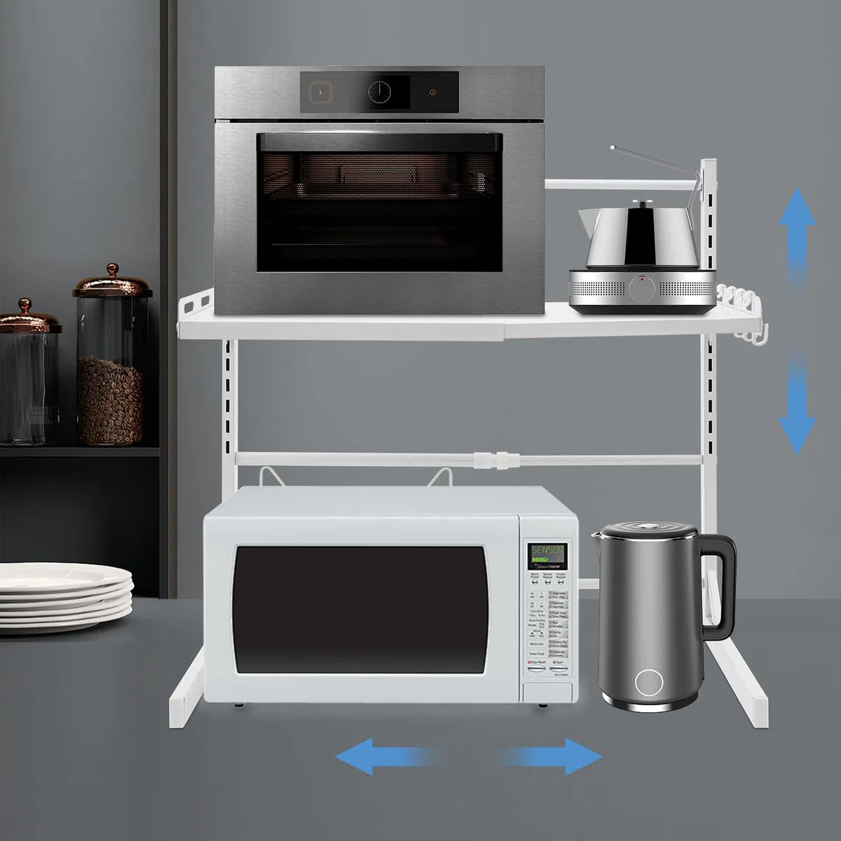 Étagère extensible pour micro-ondes avec 4 crochets, 2 niveaux, hauteur réglable de 27 à 52 cm, support pour micro-ondes, boulangerie, organisateur pour plans de travail de cuisine, blanc