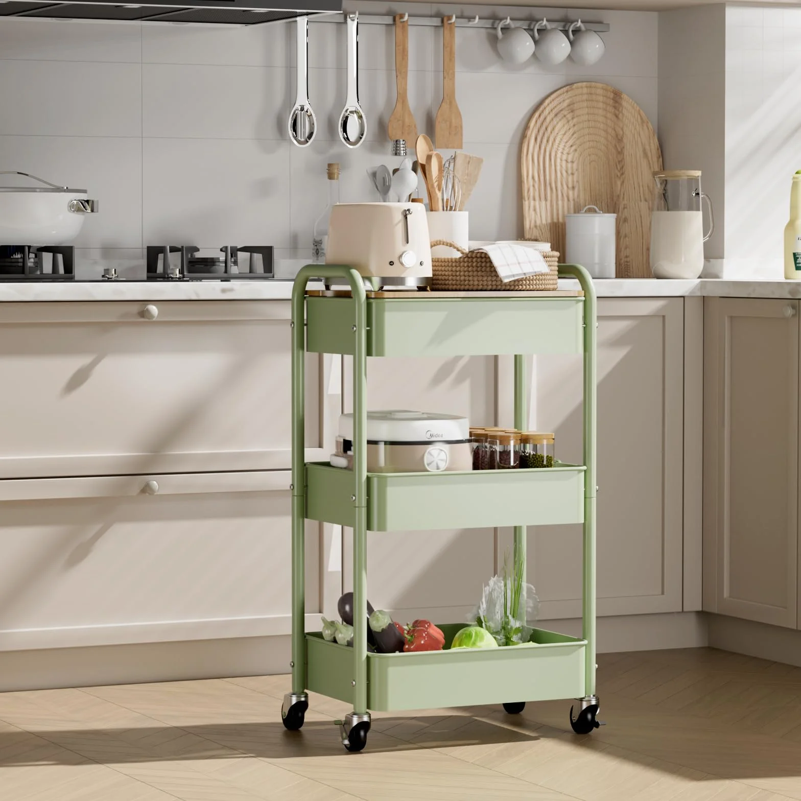 Chariot à 3 Niveaux avec Plateau de Table, Service Polyvalent en Métal, Étagère sur Roues, Organiseur de Cuisine Stable (Vert)