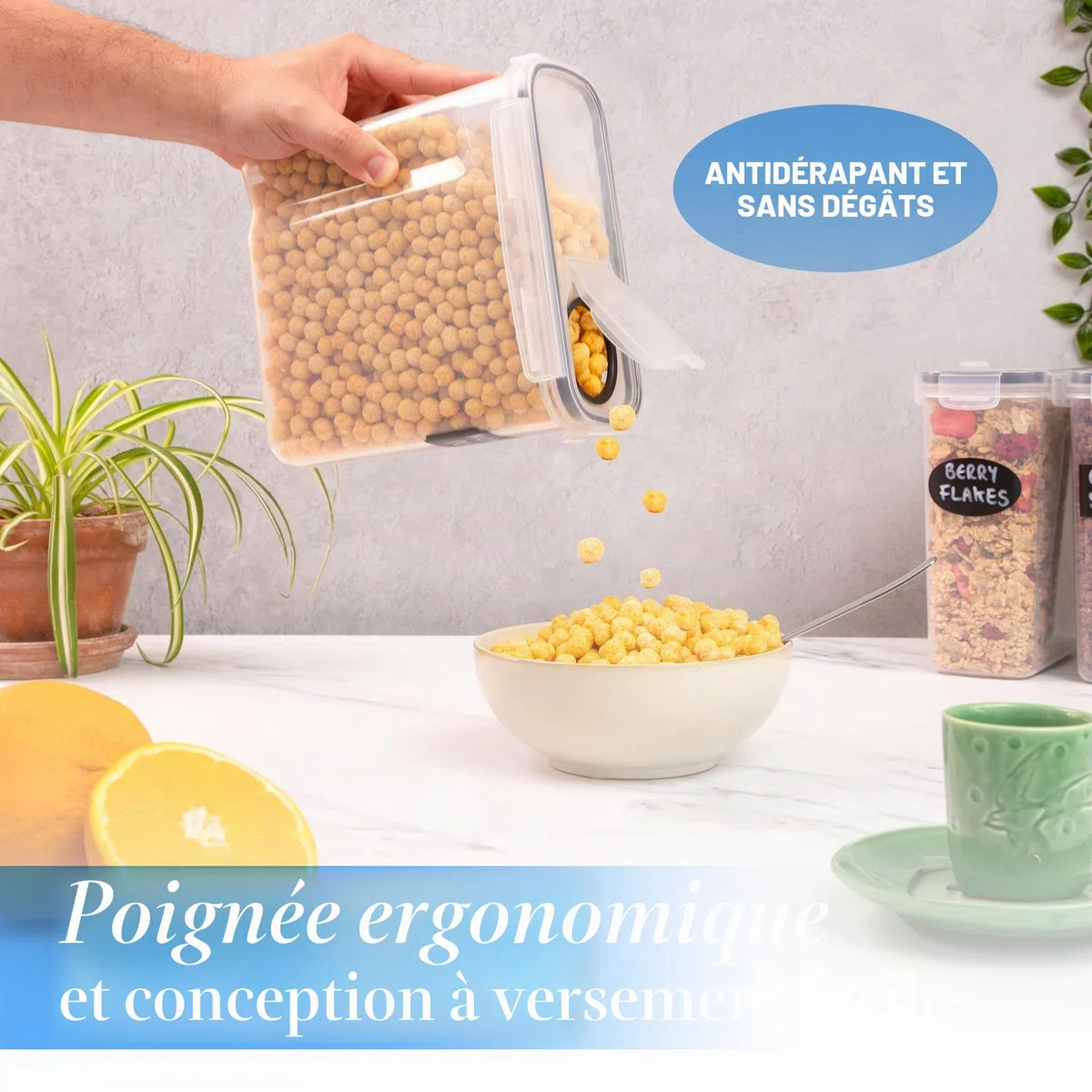 nuovva Lot de 4 boîtes de conservation en plastique pour céréales - Distributeur de céréales pratique - Qualité alimentaire et sans BPA - Durable et facile à utiliser - Idéal pour les cornflakes