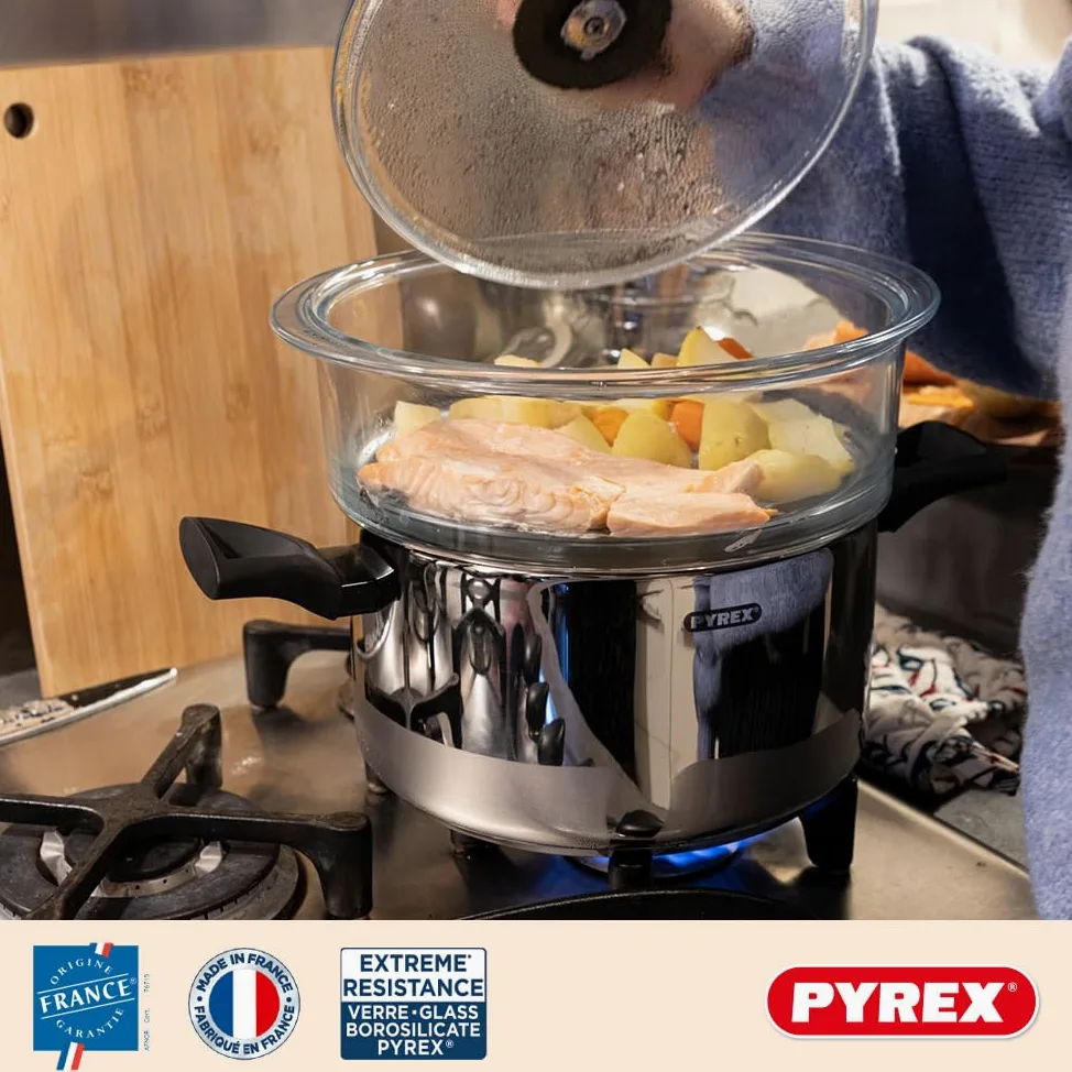 Pyrex - Paniers vapeur 20cm et son Couvercle avec bouton - Lot ou unité - Verre Borosilicate - Made in France (Double - 20 cm)