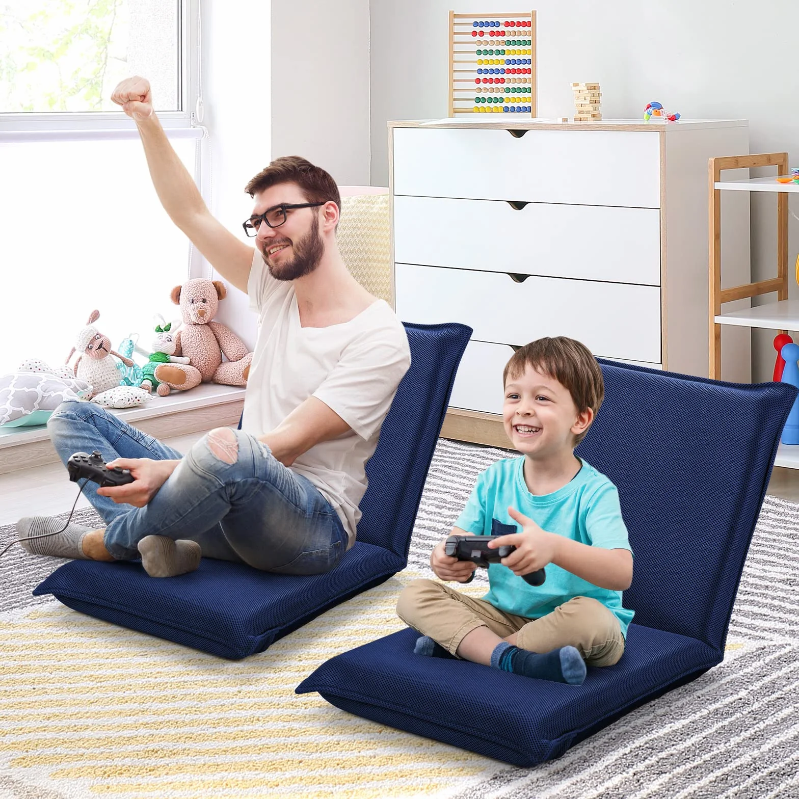 RELAX4LIFE Chaise de Sol Pliante avec Dossier Réglable en 6 Position, Tatami pour Lire & Jouer & Méditer dans Salon, Chambre, Bureau, (52-98) x44x(47-7) cm (Bleu foncé)