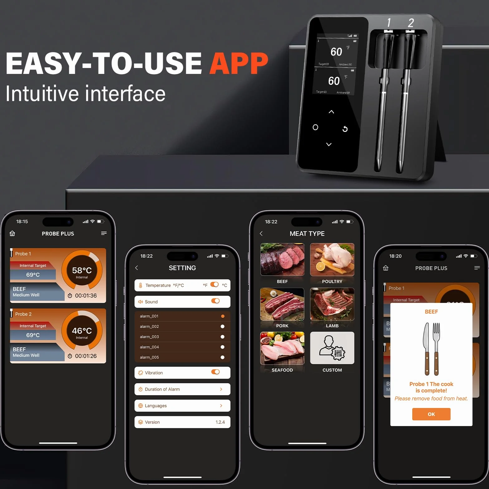 Thermomètre Cuisine Sans Fil avec 2 Sondes, Grand Écran LCD, 130m Meat Thermometer Bluetooth avec Smart APP, Sonde Temperature Connectée pour Barbecue, Four, Grill, Fumoir, Rôtisserie, Airfryer