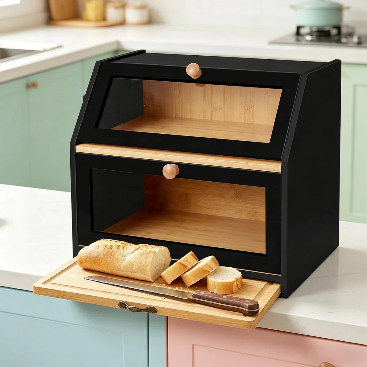 OHMG Boîte à Pain Bambou 2- Couche Countertop Boîte à Pain en Bois de Bambou pour Cuisine, Huche à pain,Nature,pour le stockage du pain,26 * 39 * 32.5cm
