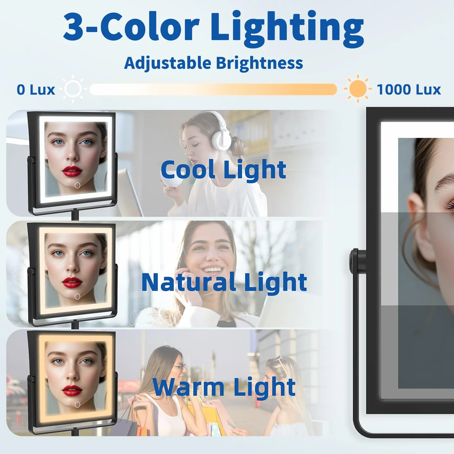 Ruacq Miroir Mural LED Rechargeable 1X/10X, 3 lumières, Tactile dimmable, Rotation 360°, Bras Pliable (Noir Mat)