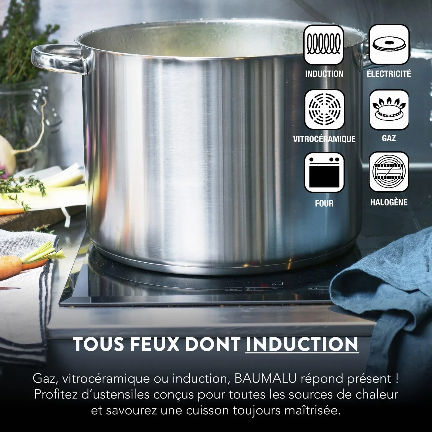 Baumalu, Combiné Vapeur 3 Corps Inox 20 cm Argenté - Ustensile de Cuisine en Acier Inoxydable, Compatible Tous Feux, Couvercle en Verre, Équipement Bakélite, Haute Qualité