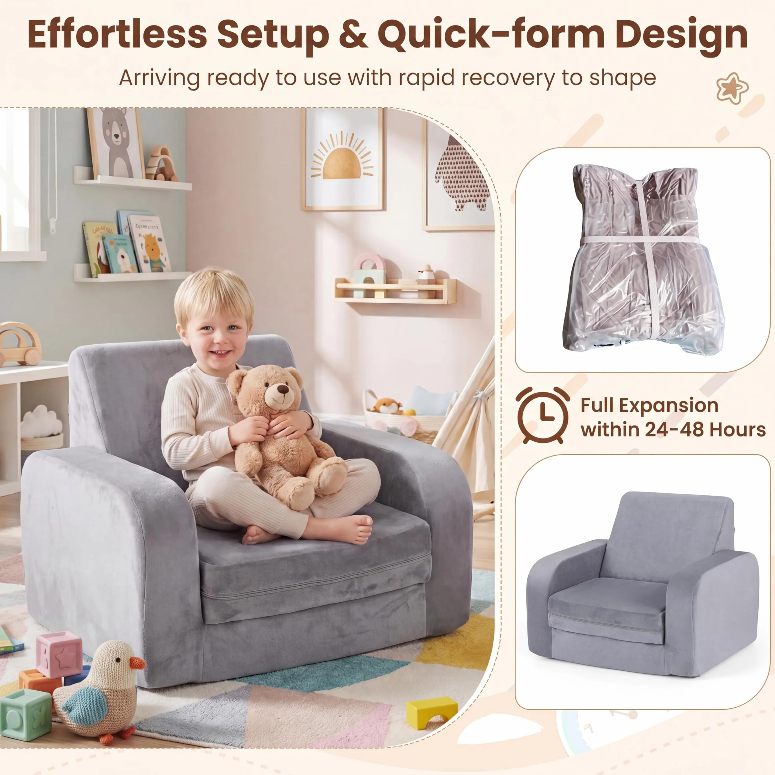 LIFEZEAL Canapé Enfant Depliant 3 en 1, Mini Canapé Enfant Pliable avec Housse Amovible en Velours Cristal, Canapé-lit en Mousse, Fauteuil Bebe pour Chambre et Salle de Jeux (Gris, Plié en 3)