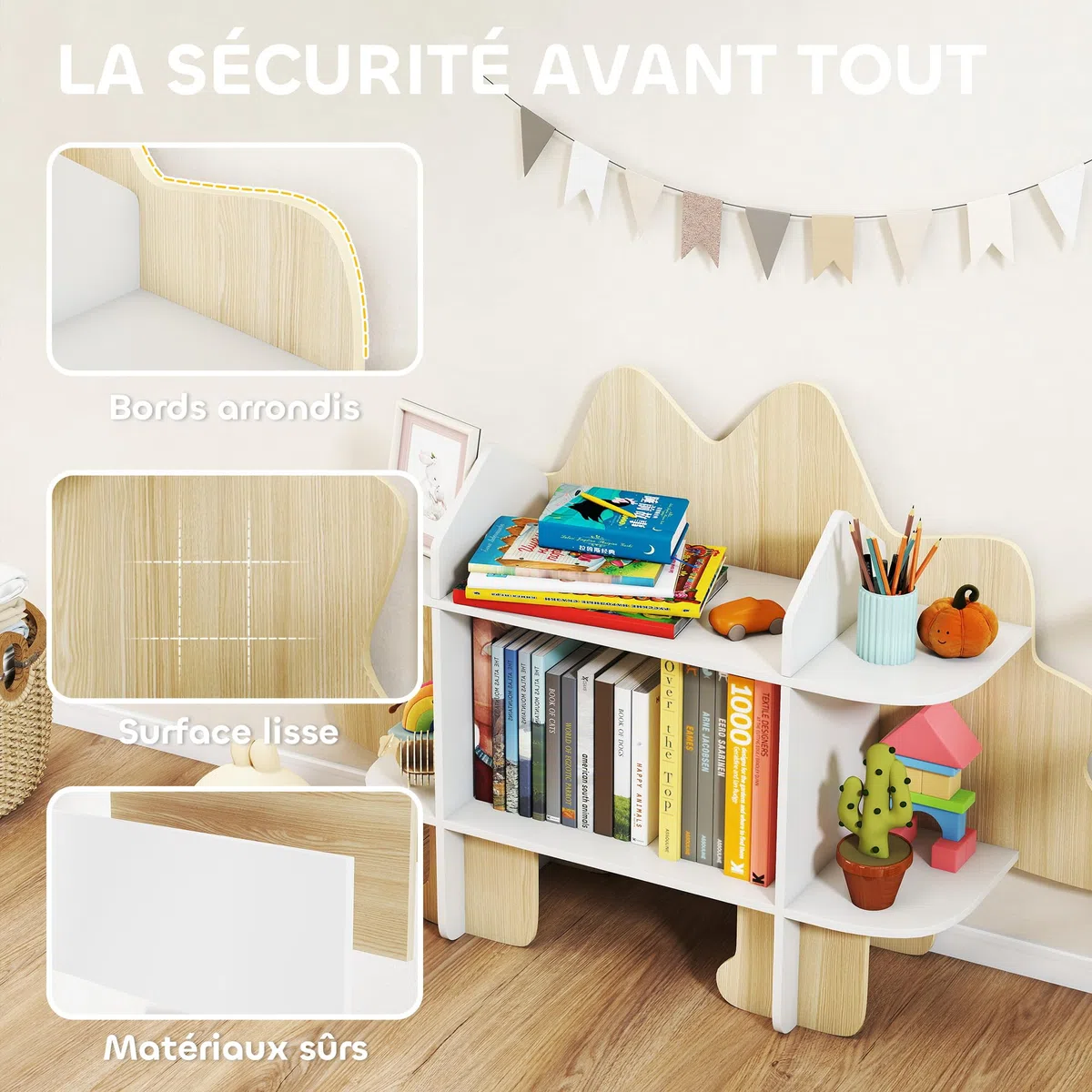AIYAPLAY Bibliothèque Enfant Design Dinosaure, Meuble de Rangement pour Jouets et Livres, avec 6 Compartiments, 72,2 cm de Hauteur, pour Chambre ou Salle de Jeux, Bois Naturel