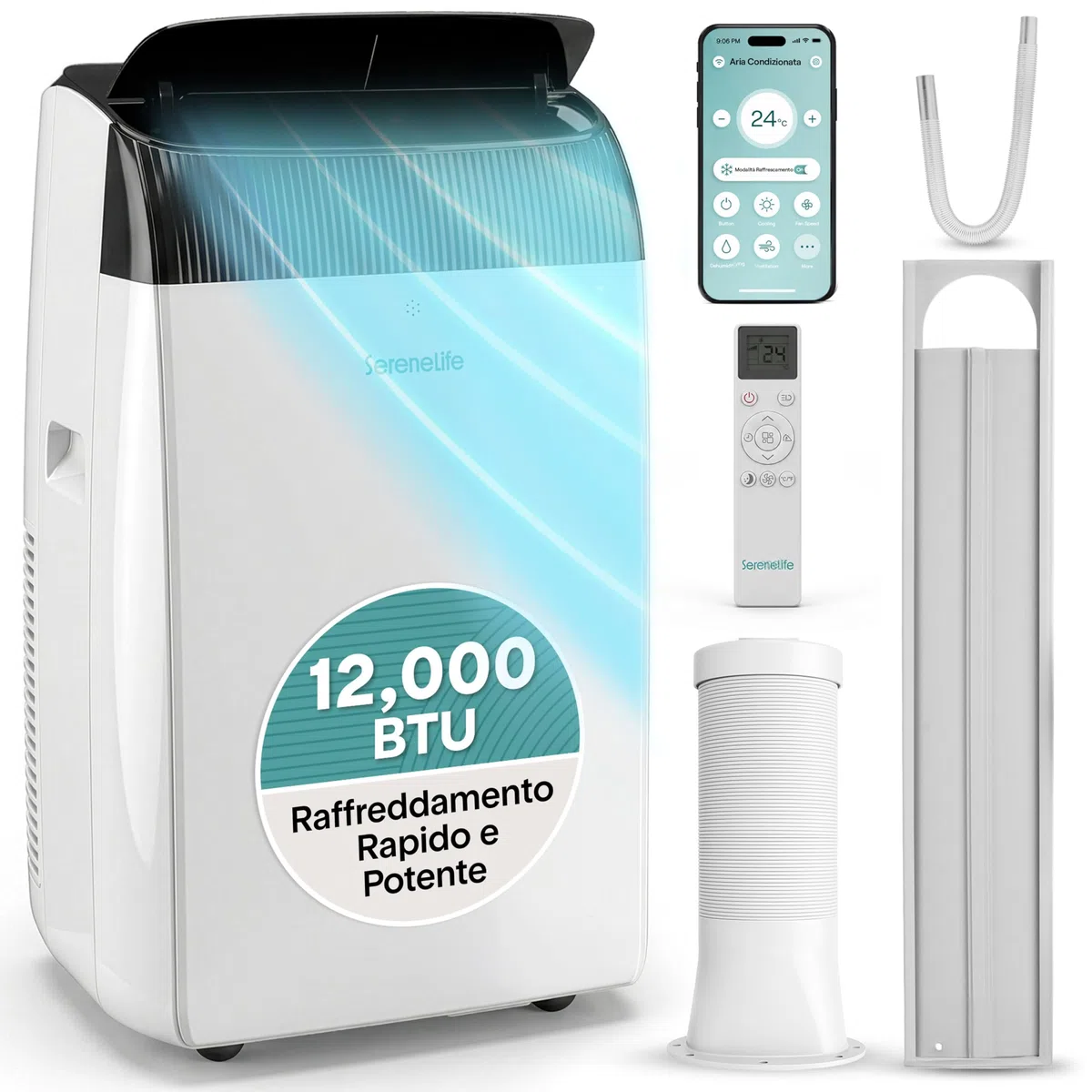 SereneLife Climatiseur Mobile 12000 BTU WiFi pour 40 m² – Climatisation Mobile Silencieuse 3 en 1 avec Évacuation, Déshumidificateur, Ventilateur, Kit Fenêtre et Roulettes