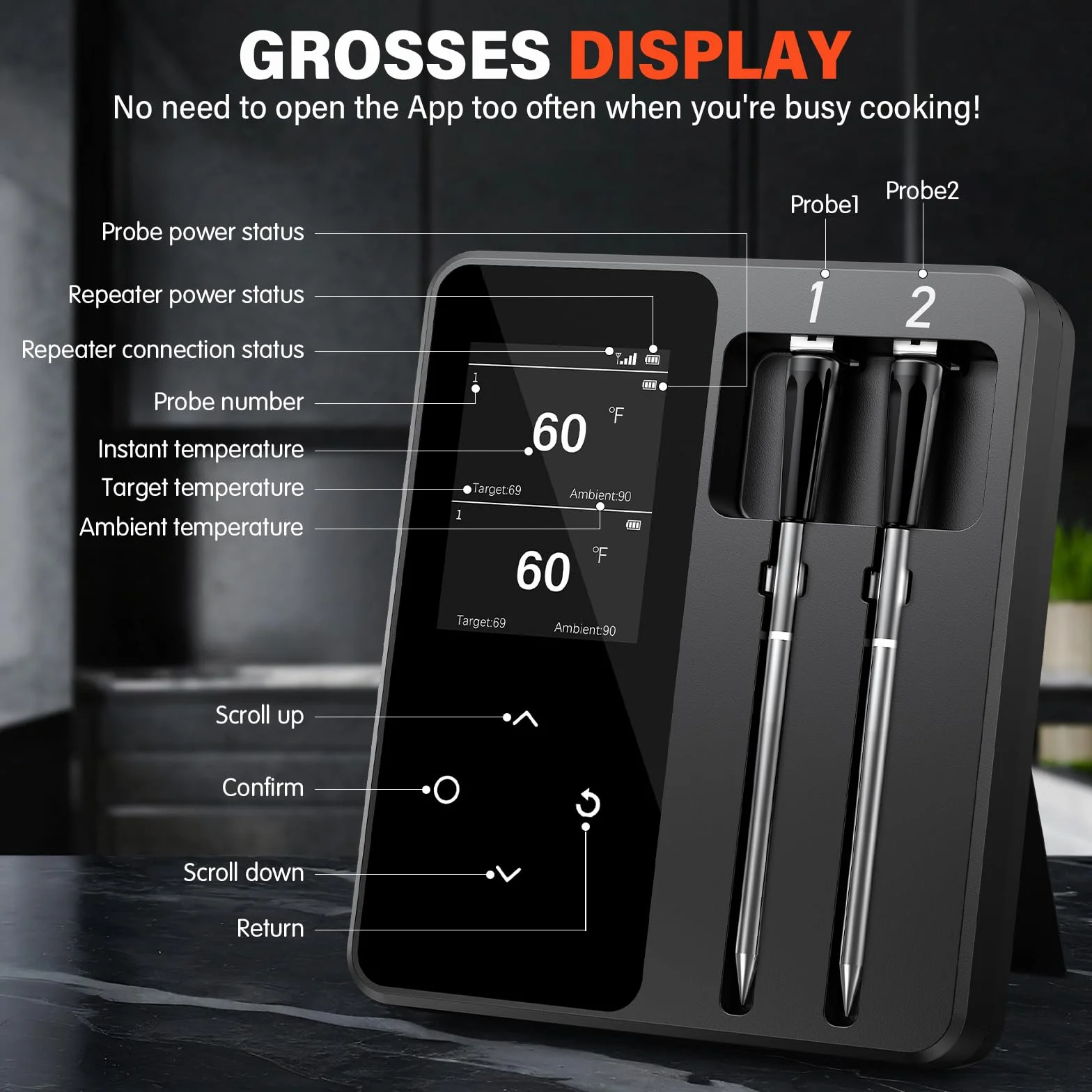 Thermomètre Cuisine Sans Fil avec 2 Sondes, Grand Écran LCD, 130m Meat Thermometer Bluetooth avec Smart APP, Sonde Temperature Connectée pour Barbecue, Four, Grill, Fumoir, Rôtisserie, Airfryer