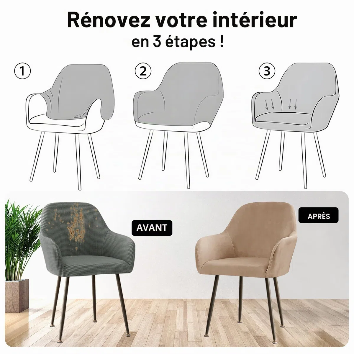 Alishomtll Lot de 4 housses de chaise extensibles en velours universel avec accoudoirs - Détachables et lavables - Pour chaises de salle à manger, cuisine, banquet, mariage et fête (Camel, lot de 4