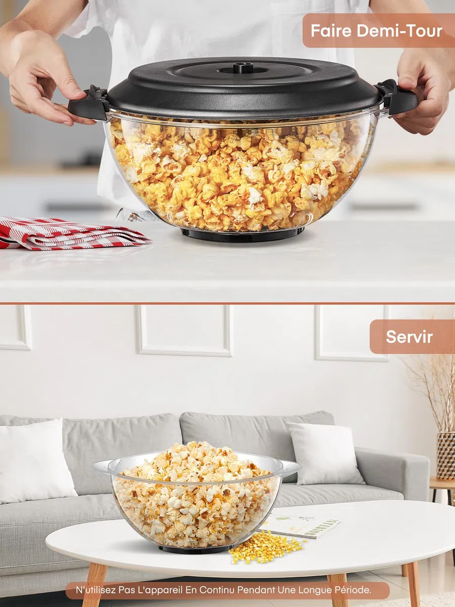 HOUSNAT Machine à pop-corn - Grande capacité de 5,5 l - 800 W - Avec revêtement antiadhésif et surface chauffante amovible - Silencieuse et rapide