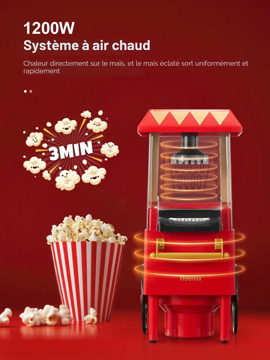 Machine à popcorn, Reemix 1200W Machine à popcorn électrique, Sans huile, Popcorn frais fait maison en moins de 3 minutes, Utilise de l'air chaud, Couvercle détachable, Fêtes, Soirées cinéma, Rouge