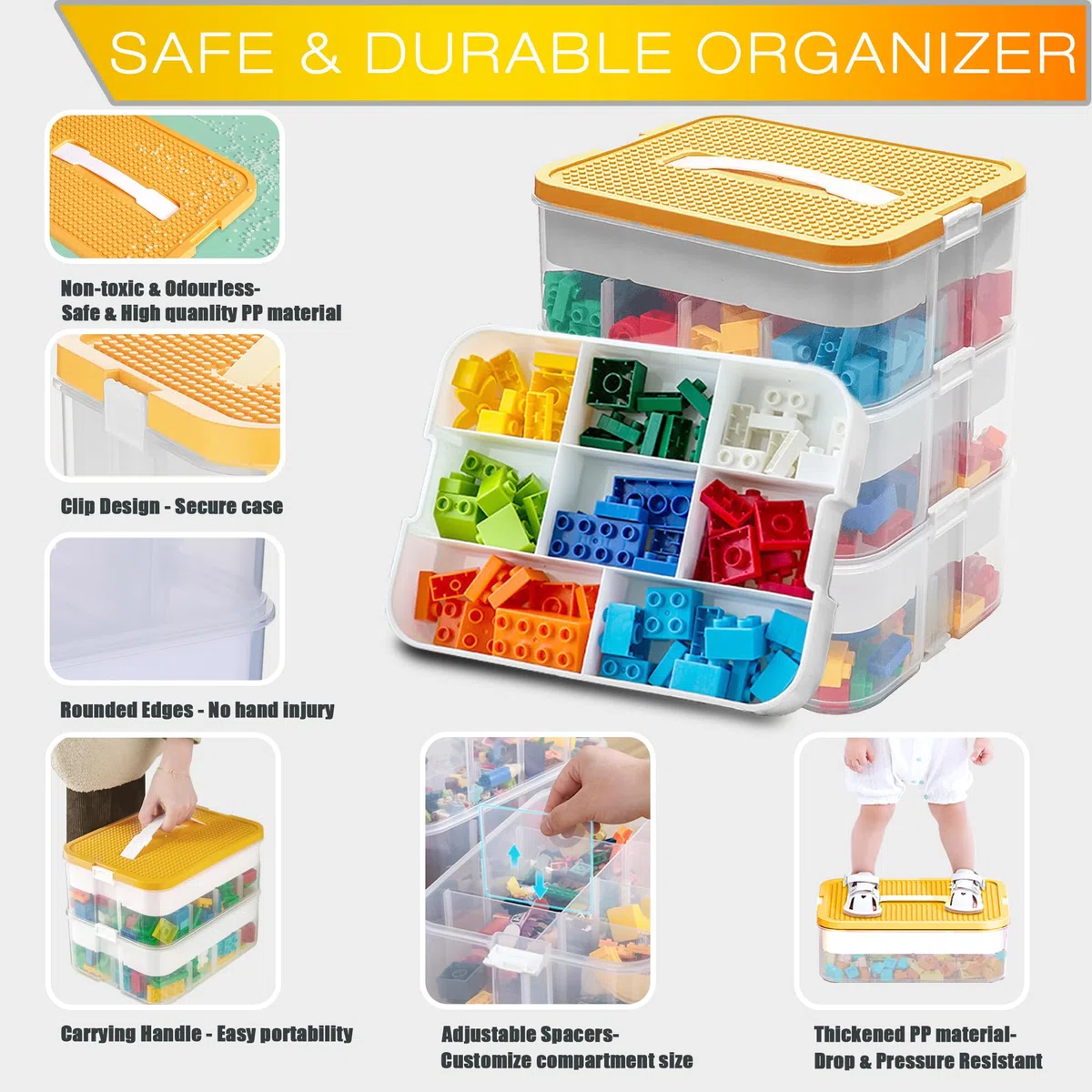 WillingHeart Boite Rangement Plastique pour Lego Briques Coffre A Jouet Enfant avec Couvercle Grande Malette Transparente Caisse 3 Couches Empilable Compartiment Chambre Casier Etanche Storage Box