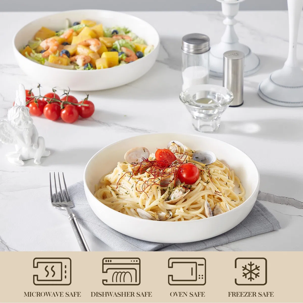 MALACASA, série LUNA, Lot de 4 Bols à Pâtes en Porcelaine de 1440ml, Grands Bols à Salades avec Bordure Incurvée, Va au Lave-vaisselle, au Micro-ondes et au Four, Blanc