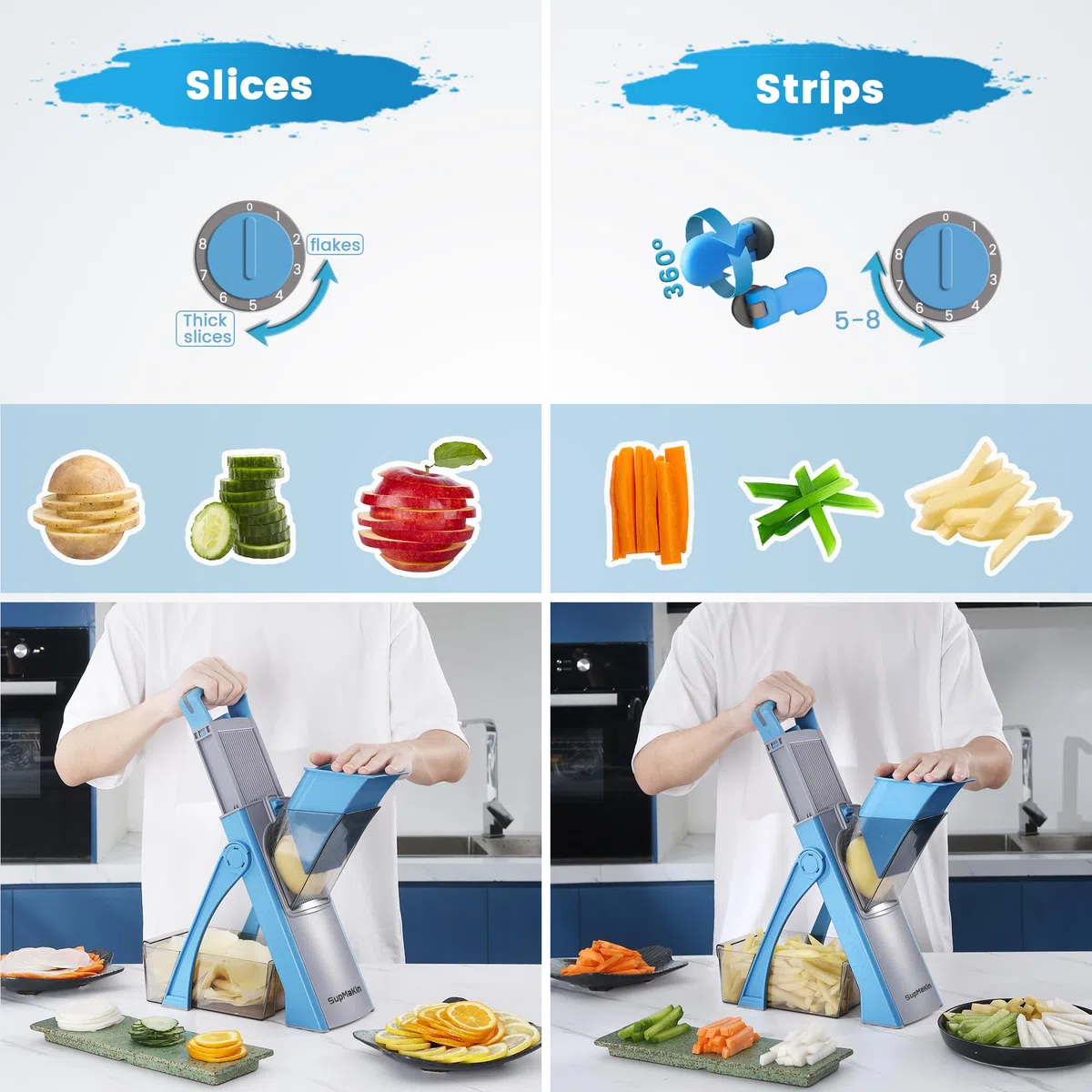 SupMaKin Mandoline de Cuisine Safety Slicer Manuelle Multifonction Tous Coupe Légumes Lame en acier inoxydable, Julienne, Cubes, Fcoupe Patate Frite carotte, Euroshopping -bleu ciel